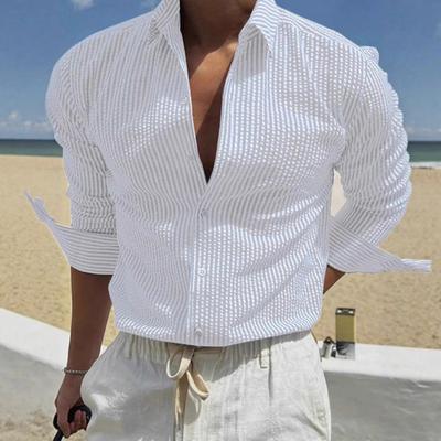 Men Striped Seersucker Button Down Shirt Long Sleeve Casual Breathable Summer Beach Daily Office Top