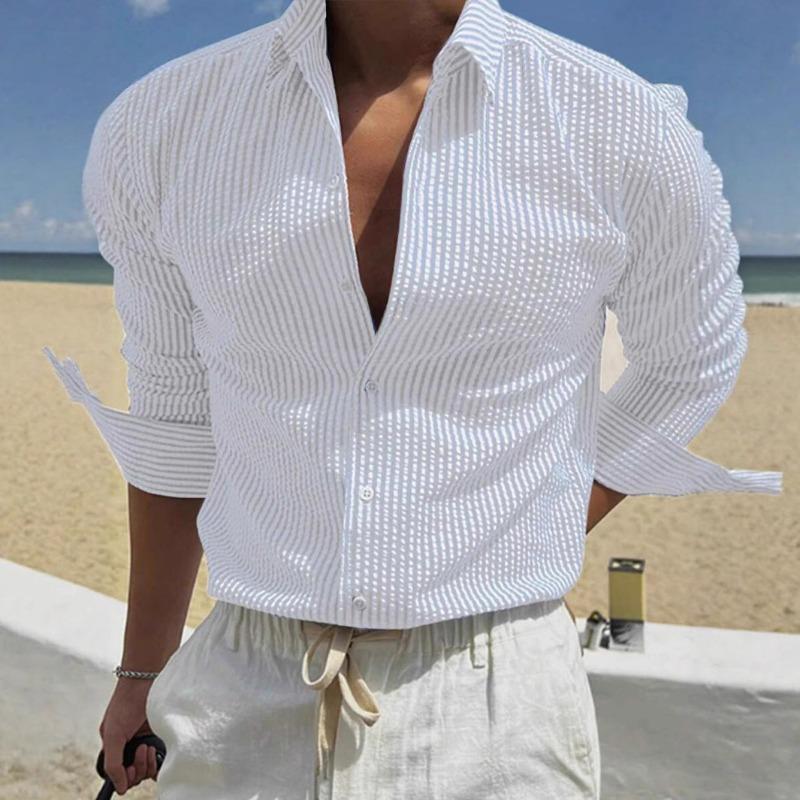 Men Striped Seersucker Button Down Shirt Long Sleeve Casual Breathable Summer Beach Daily Office Top S белый