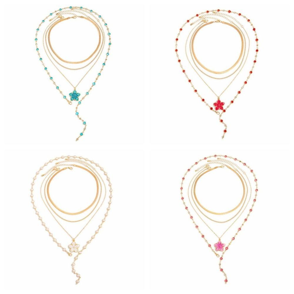 Drip Oil Metal Stacked Necklace Beads Multi Layered Stacked Collarbone Chain Y2K Flower Pendant Cross Necklace Set Women