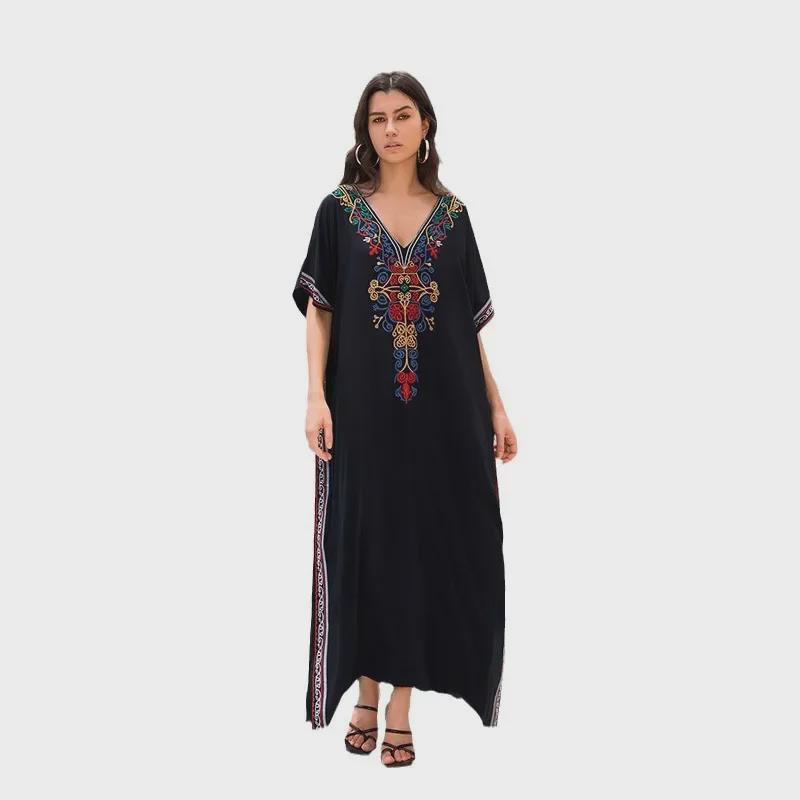 "European & American Embroidered Cotton Maxi Skirt: Women's Beach Sun Protection Robe"