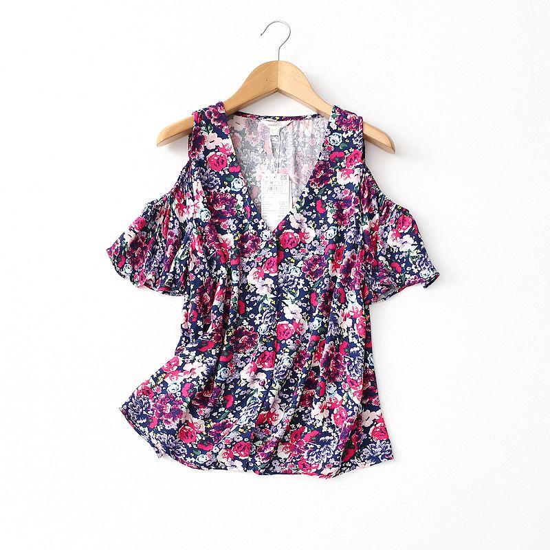 

Foreign Trade Original Order Sweet Younger Pattern Print Cotton Silk Shirt Women s Summer Loose off-the-Shoulder Artificial Cotton Tops Doll Shirt Color Euro -44 (Bust size 112)