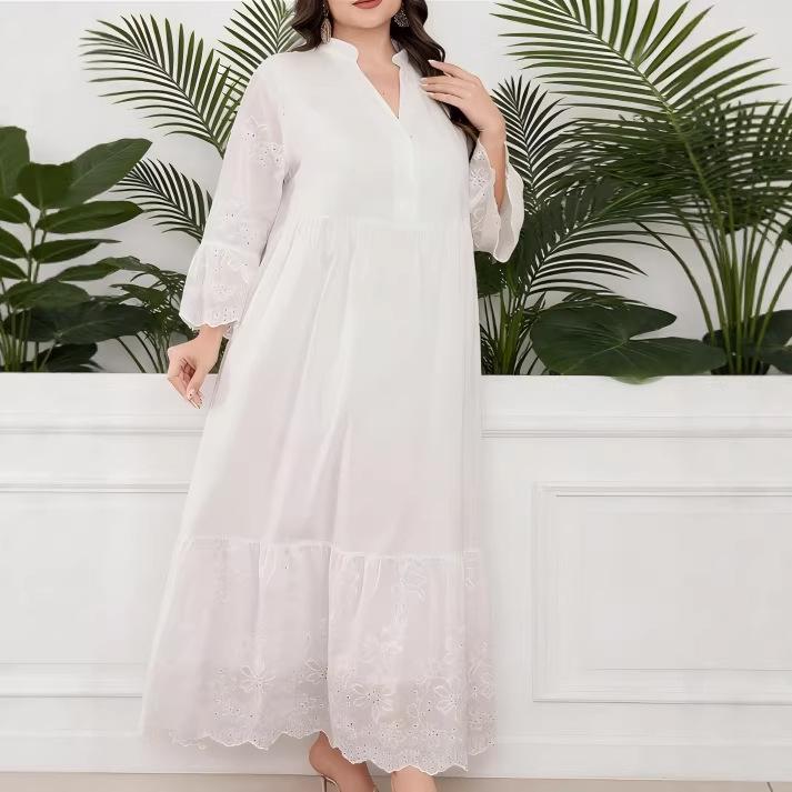 Plus Size Hollow Embroidery White V-Neck Loose Long Robe for Middle Eastern Muslim Holiday 0XL белый