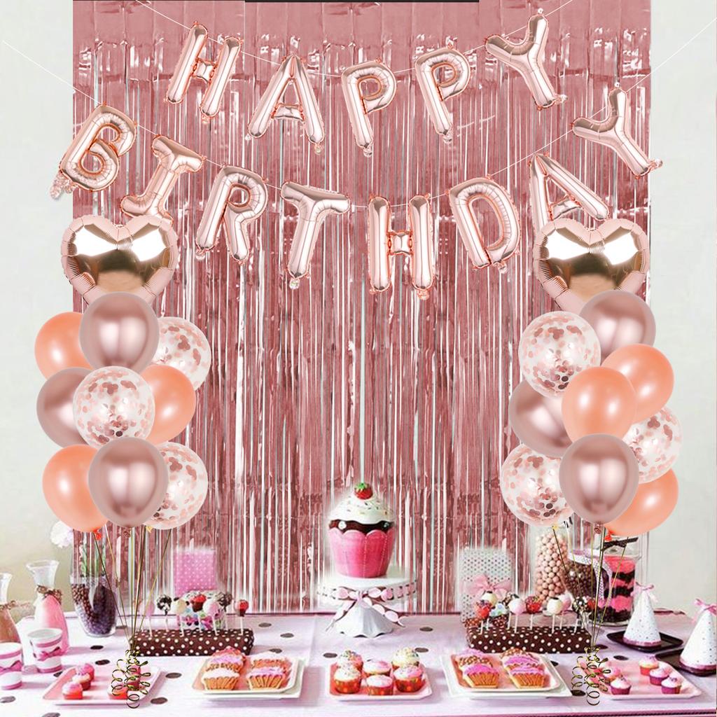 34pcs Rose Gold Birthday Party Decorations Including Tassel Curtains, Happy Birthday Balloons, Love Heart Aluminum Film Balloons
