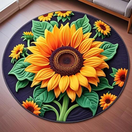 Yousheng 3D Sunflower Floor Mat Non-Slip Absorbent Bathroom Rug Quick-Dry Round Floral Area Rug for Farmhouse Bedroom Entryway Living Room