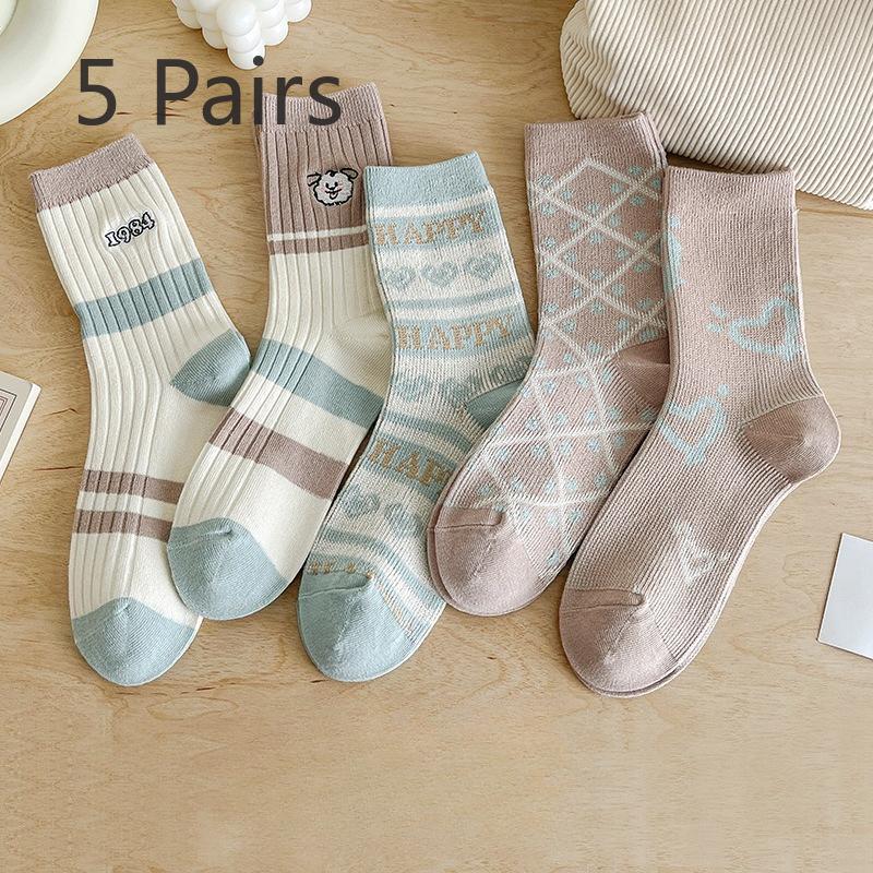 5 Pairs of Women's Autumn and Winter Warm Trend Embroidery Cylinder Stack Socks