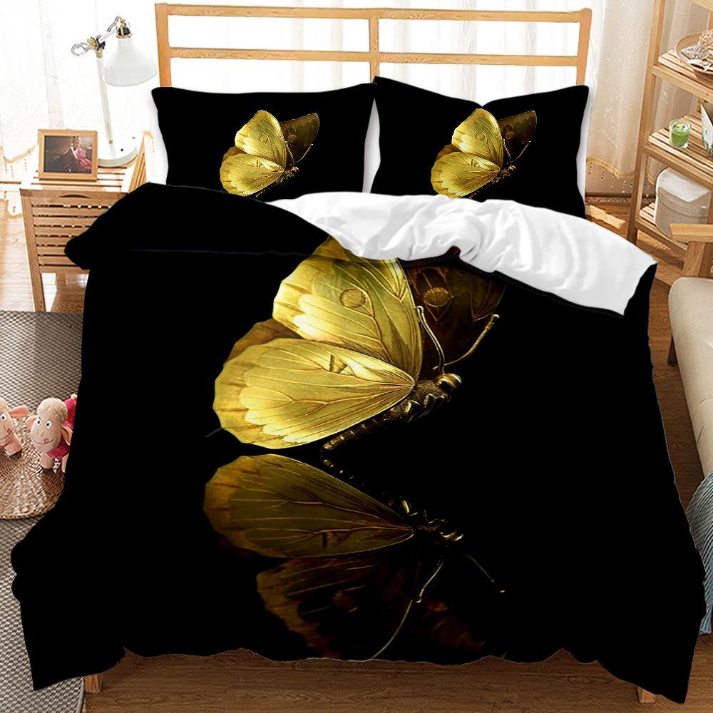 Golden Butterfly Flying Pattern Printing Quilt Cover Pillowcase 3D Digital Printing Three-Piece Set