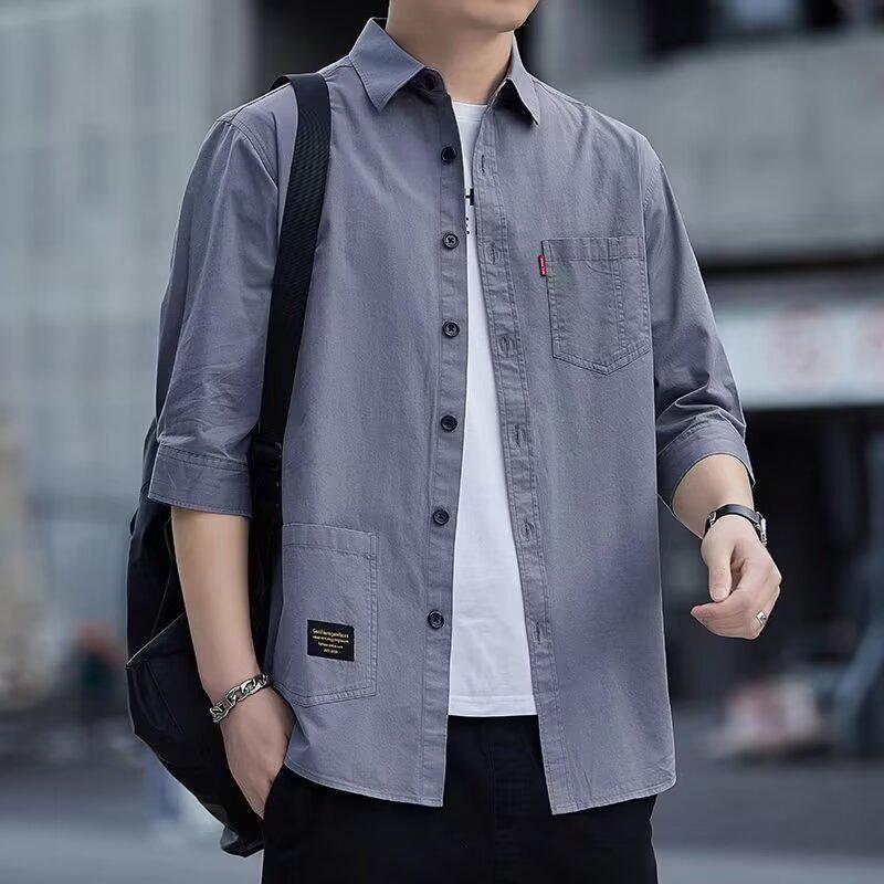 

Мужская повседневная рубашка в корейском стиле с коротким рукавом, летний рабочий топ длиной три четверти XXL