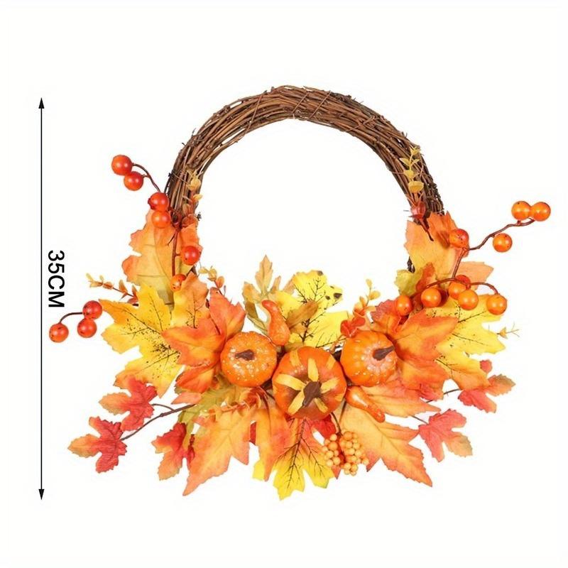 

14-дюймовый искусственный осенний венок из ротанга, урожай, День благодарения, Хэллоуин, домашний декор для входной двери с тыквой, кленовым листом, ягодой