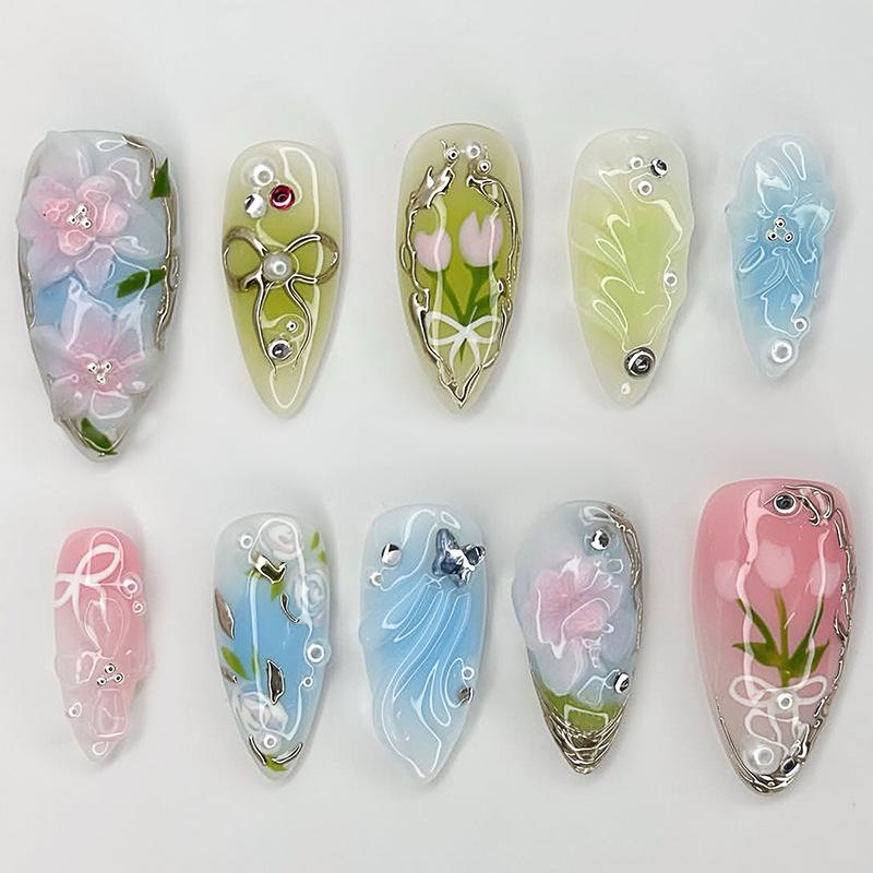 24PCS Simple White Cat Eye 3D Flowers Almond Press on Nails Golden Patterns French with Pearl Decor Fake Nails High-quality Nail
