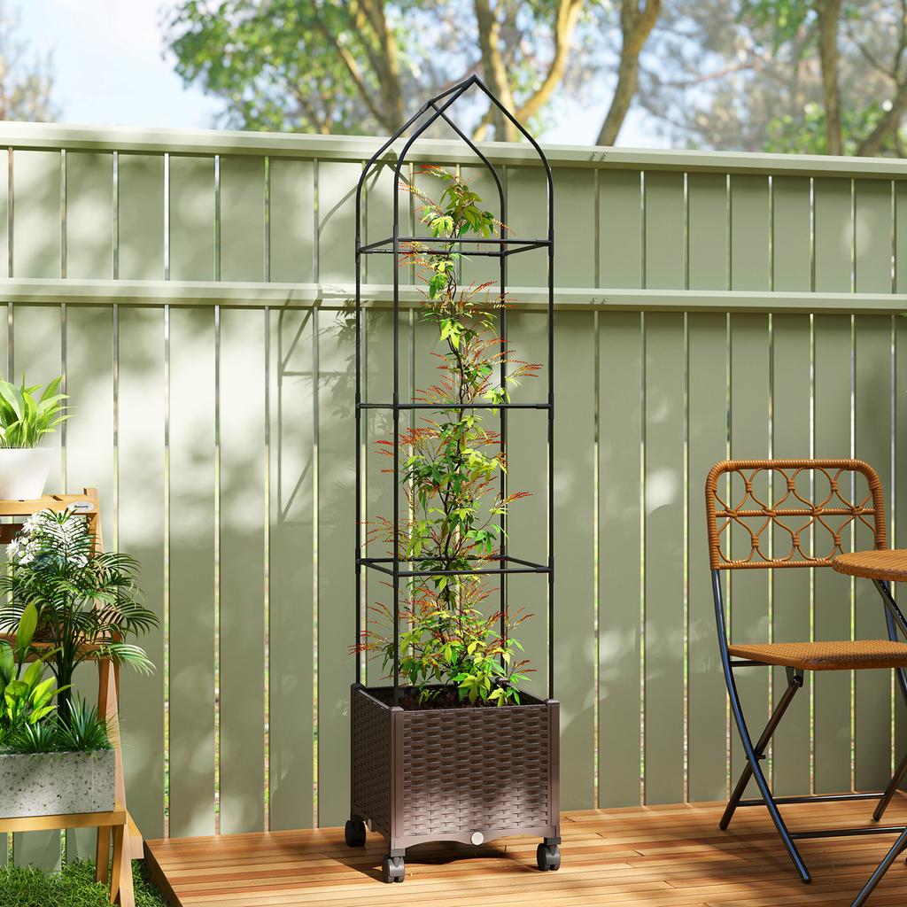Raised Garden Bed with Trellis, Tomato Cage with Lockable Wheels, Self Watering Planter Box with Drainage Holes, Brown