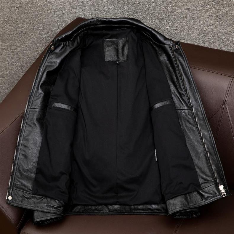 Męska kurtka ze skóry bydlęcej - Kołnierz wykładany, Krótki krój z bawełnianą podszewką, Duże rozmiary, Trend jesień/zima.