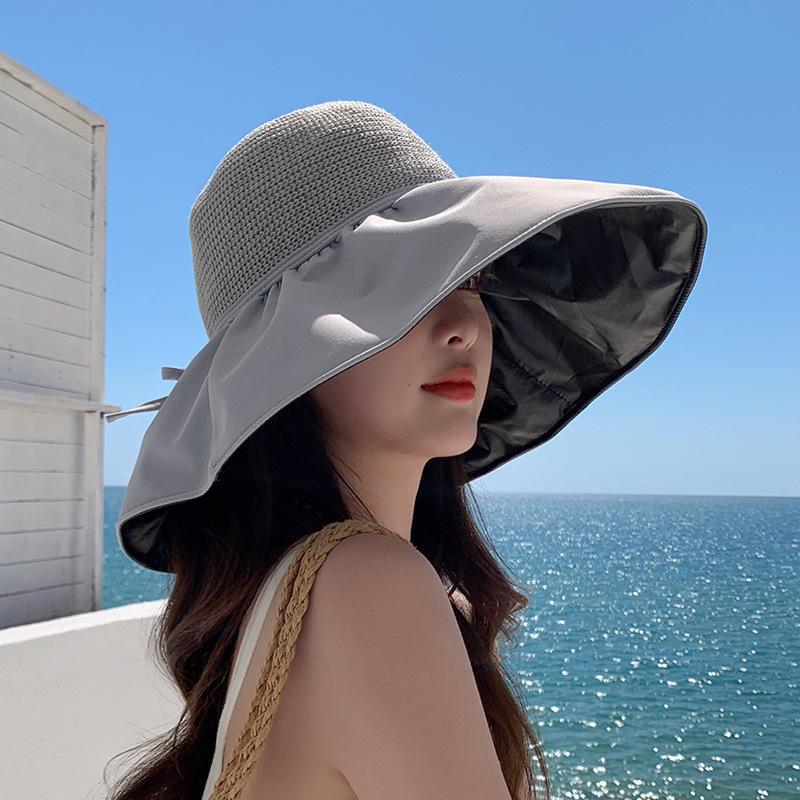 Women Black Glue Lining Sun Hat Hollow Woven Wide Brim Drawstring Foldable Outdoor Beach Uv Protection Cap