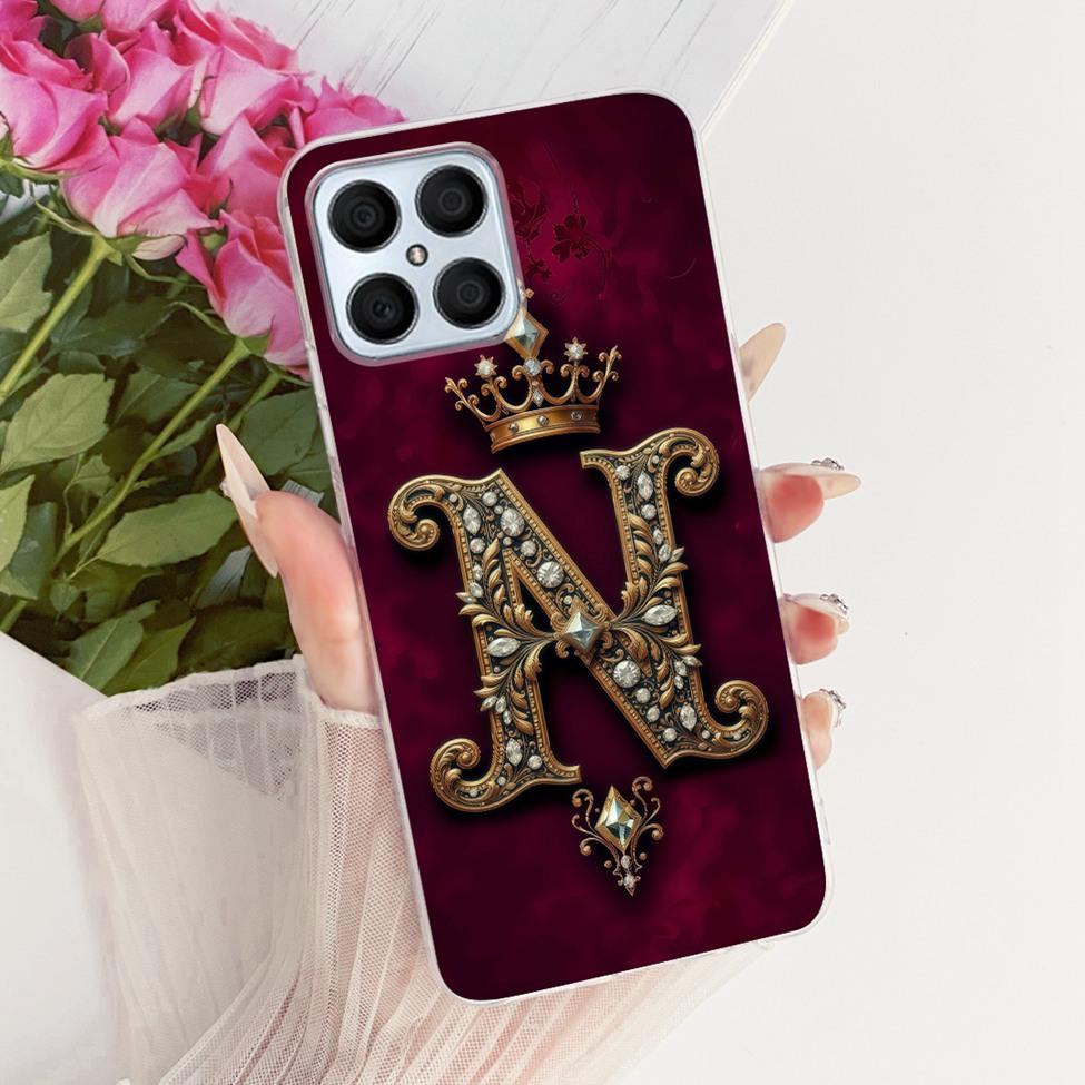 For Honor X8 4G Case Transparent Luxury Crown A-Z Letters 2D Flat Pattern Soft Phone Casing For Honor X8 TFY-LX1 TFY-LX2 TFY-LX3