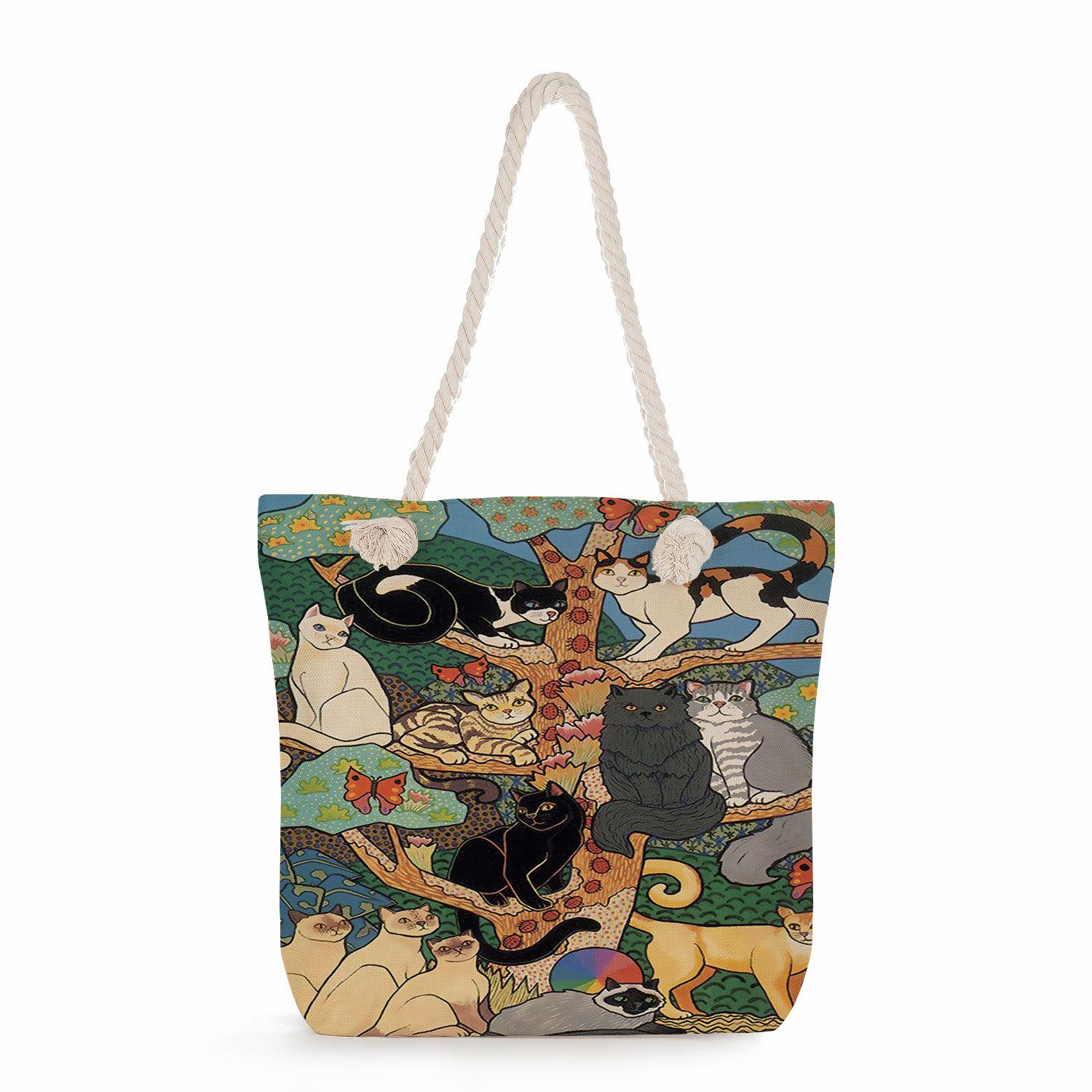 Cartoon cat print thick rope single-shoulder beach bag 7252 CLE
