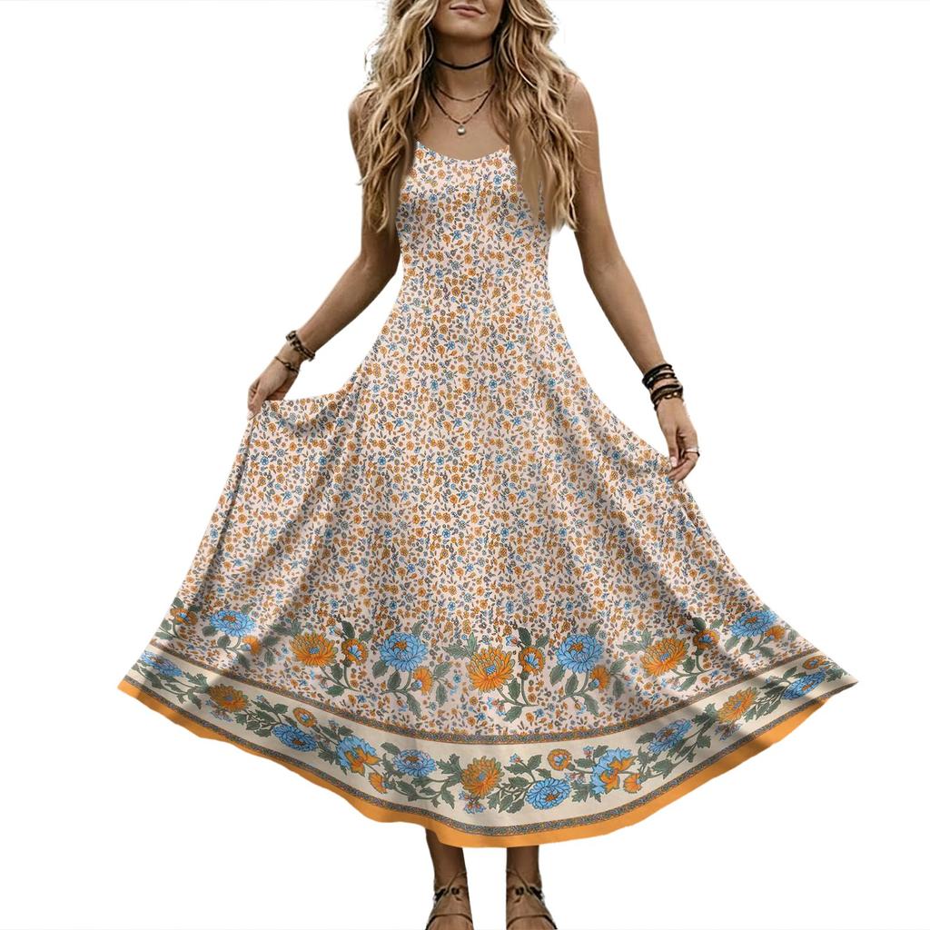 Women’s Sleeveless V Neck Maxi Dress with Spaghetti Straps and Floral Print Loose Fit Summer Long Dress for Daily Wear