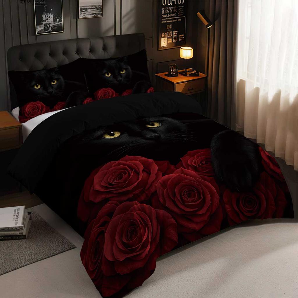 3pcs Black Cat Pattern Printed Bedding Set, 1*quilt Cover+2*pillowcase, Suitable for King Bed, Single Bed for All Seasons