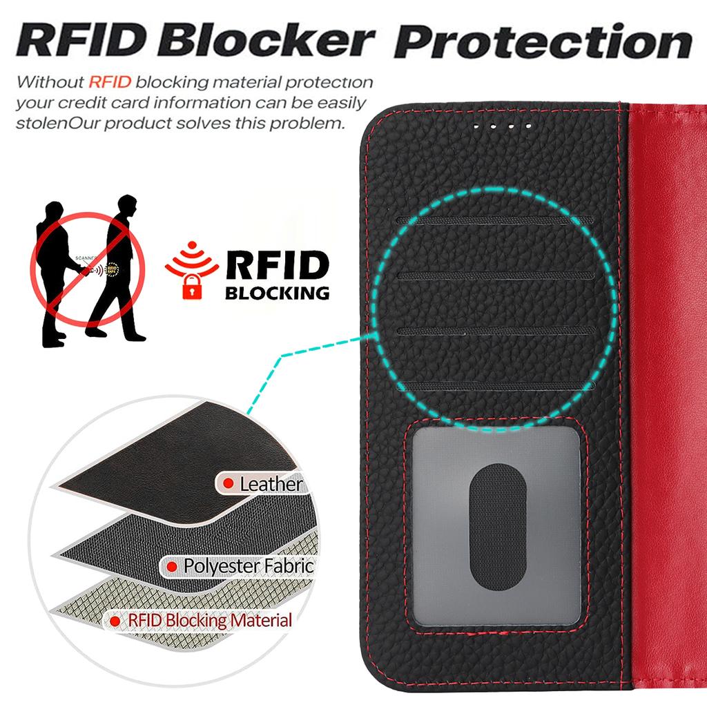For iPhone 15 Pro Stand Case Litchi Texture Genuine Cow Leather Wallet Phone Cover RFID Blocking