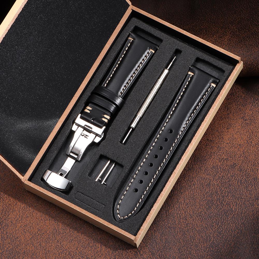 Vintage Calfskin Watch Strap 20mm 22mm 24mm Handmade Stitching Cowhide Watchband Stainless Steel Butterfly Clasp Bands with Box