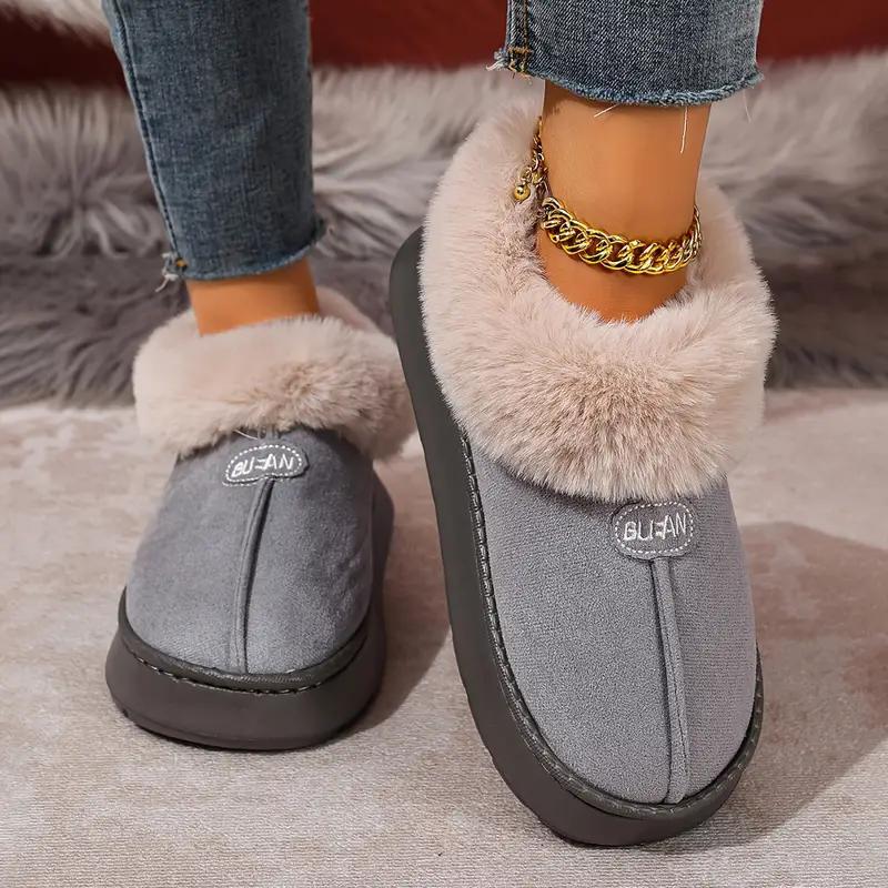 Women's Platform Boots Winter Fur Chunky Shoes Ankle Warm Plush House Fluffy Footwear Plush Lined Slip On EVA Sole Slippers New