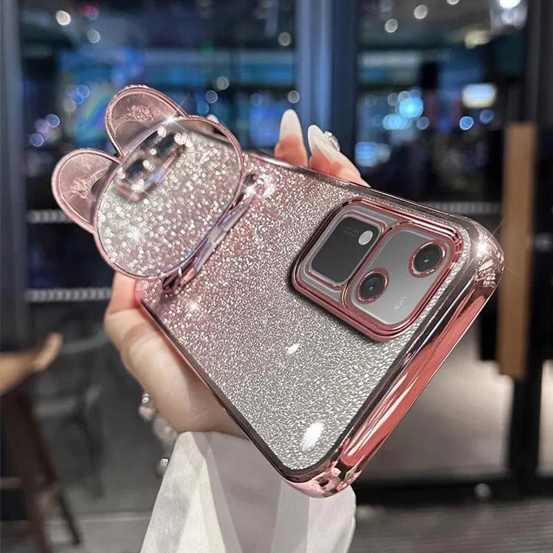 Cute Rabbit Makeup Mirror Stand Case for Vivo V50 Pro V40 Lite V30 V29 V25 E Iqoo Z9 Luxury Bracelet Protective Case
