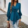 Elegant Deep V Neck Cross Strap Slim Fit Waist Shirt Long Sleeve Pleated Cuffs Office Fashion Blouse Retro Casual Bow Tie Lace-up Top Female Clothing