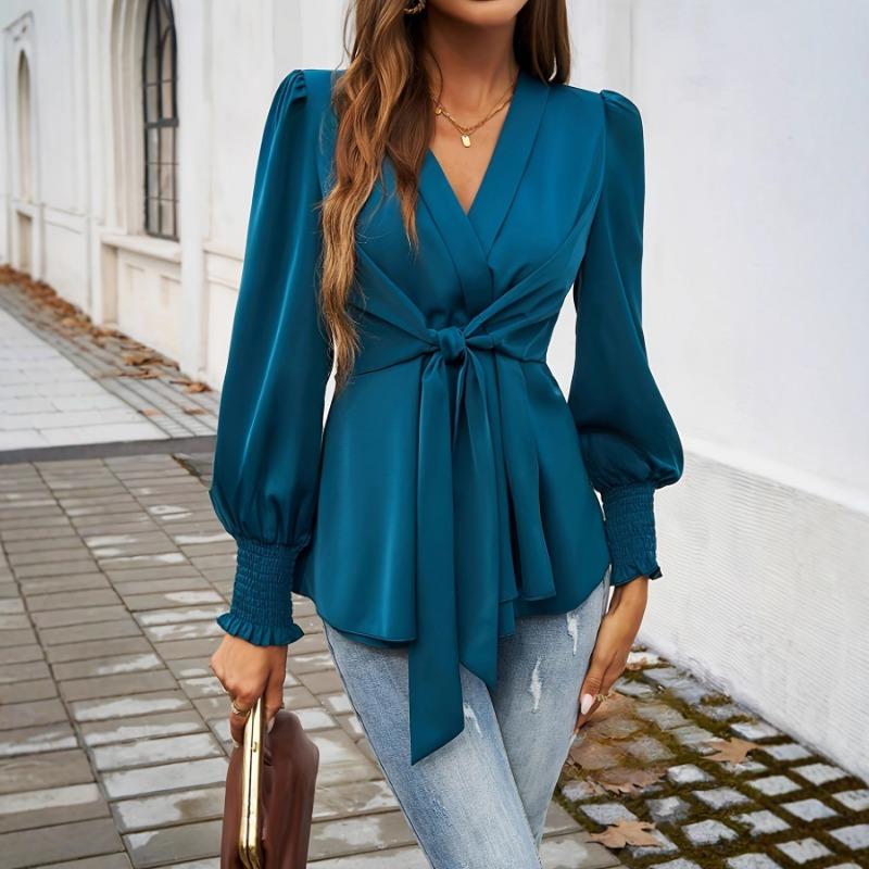 Elegant Deep V Neck Cross Strap Slim Fit Waist Shirt Long Sleeve Pleated Cuffs Office Fashion Blouse Retro Casual Bow Tie Lace-up Top Female Clothing
