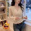 2025 Autumn/Winter Women's V-neck Lace Shirt - Velvet Lined, Slimming Style Base Layer