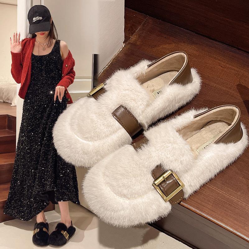 Soft-soled fluffy shoes women's 2025 new autumn and winter Korean version round head velvet cotton shoes one pedal Doudou shoes cotton shoes wom