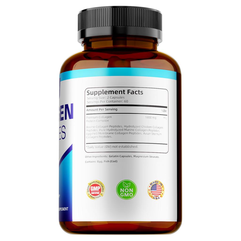 Premium Collagen Capsules, Various Types of Hydrolyzed Collagen Supplements, for Skin Care and Joint Health.