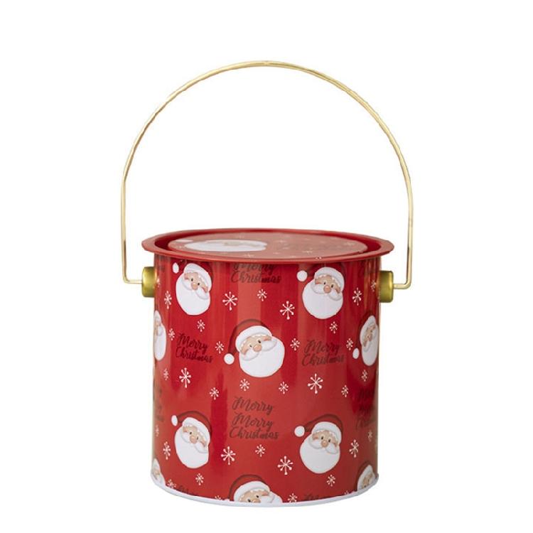 2pcs Decorative Christmas Candy Boxes Handheld Round Bucket Portable Sweets Tins with Handle for Family Gathering
