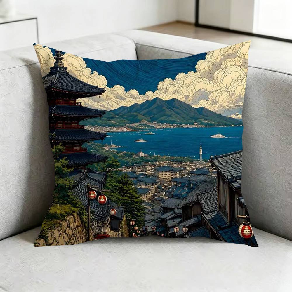 Japanese Town Mount Fuji Square Double-Sided printed Pillow Case Bedroom Bedside Pillow Sofa Cushion Cover Gift