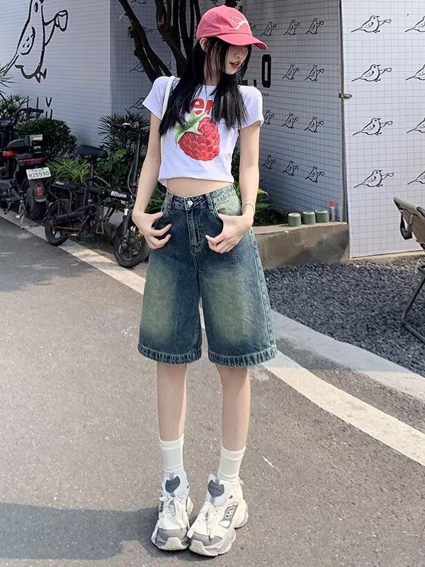 Women's 2025 Retro Washed Denim Mid-Length Loose Straight-Leg Shorts