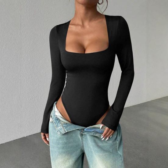 Women's Square Neck Bodysuit Long Sleeve Fall Basic T-Shirt Tops Sexy Slim Fit One Piece Bodysuit Top