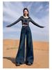 Women's High Waist Black Flared Jeans with Velvet, Wide-Leg, Floor-Length, Perfect for Spring and Autumn