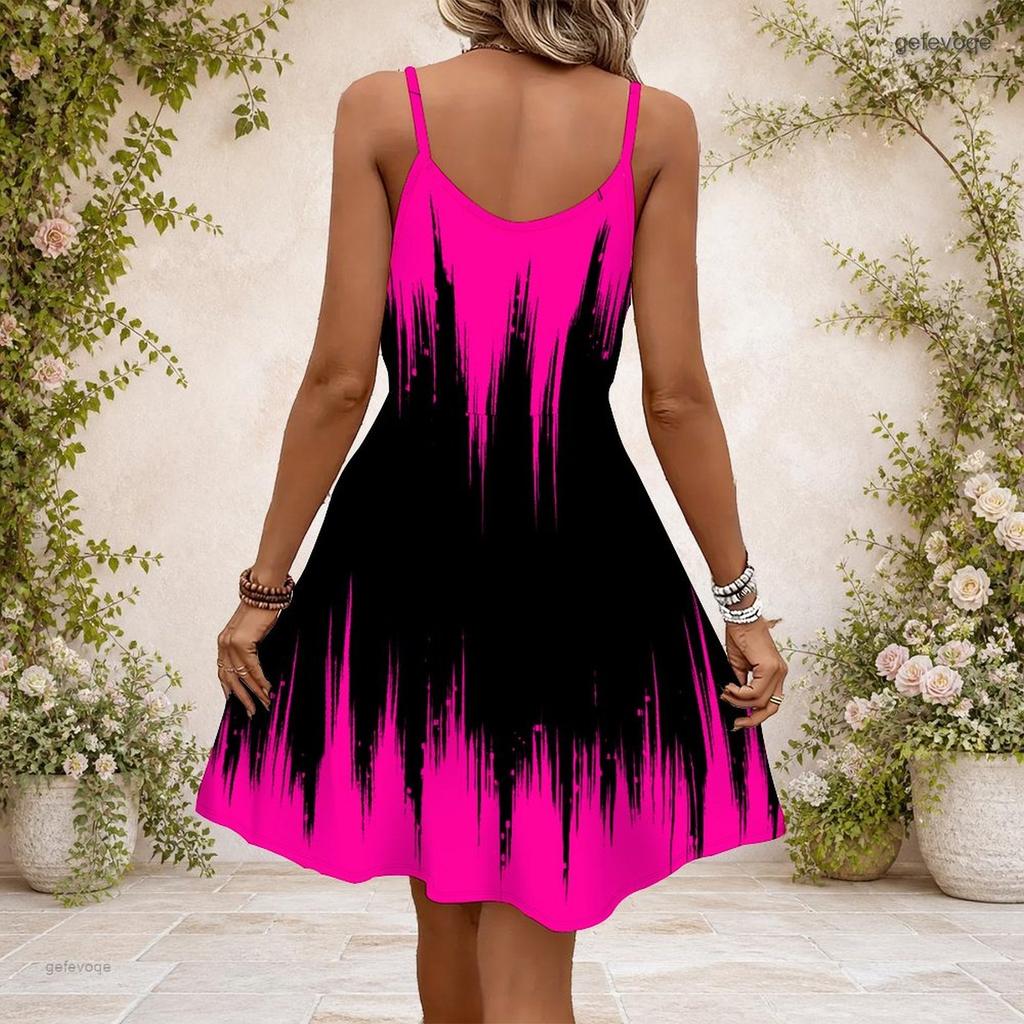 Damen Übergröße V-Ausschnitt Spaghettiträger Ärmellos Kleeblatt Muster Grün Schwarz Geraffte Taille Ausgestelltes Kleid