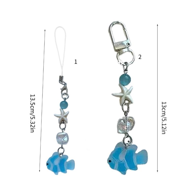 Handmade Beaded Phone Chain Fish Cellphone Charm Acrylic Keyring Pendant Mobile Phone Charm Detachable Bag Accessory