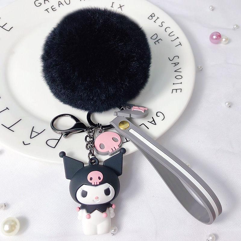Neue Sanrio Hello Kitty Kuromi Melody Cinnamoroll Entzückende Schlüsselanhänger mit flauschigem Kaninchenfell-Kugel Damen Mädchen Tasche Anhänger Schlüsselanhänger Geschenke