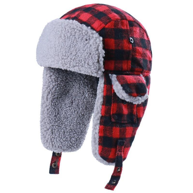Winter Warm Ear Protection Hat Knit Plaid Beanie Cap Outdoor Cold Weather Use