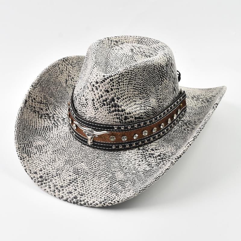 Fashion Cow Head Decorate Western Cowboy Hat Faux Leather Vintage Gentleman Jazz Hats for Men Panama Cowgirl Hat