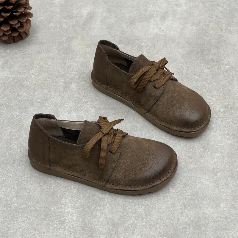 Johnature Casual Genuine Leather Lace-up Flats Round Toe Solid Color Cowhide Versatile Women's Shoes