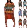 Letní nadměrné velikosti V výstřih krátký rukáv ke kolenům kapsa potisk ležérní šaty pro ženy