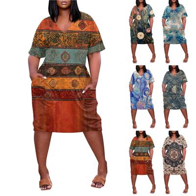 Robe d'été grande taille col V manches courtes genou poche imprimé décontractée pour femmes
