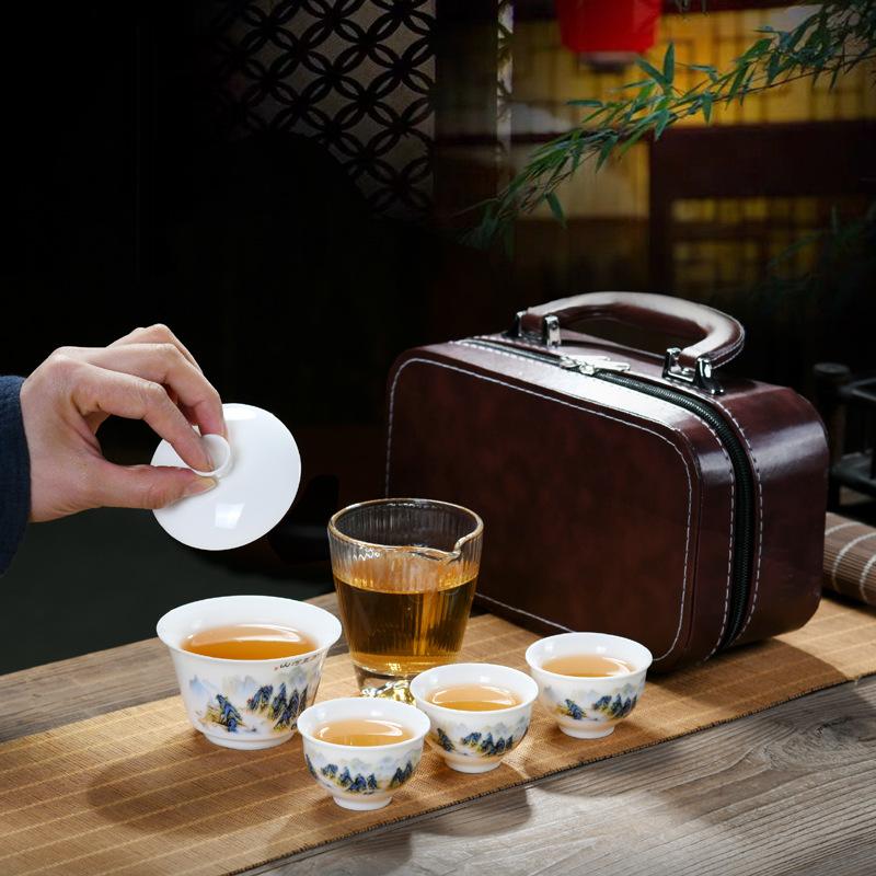 Suet Jade Porcelain High-end Travel Tea Set Cover Bowl Teacup Business Leader Customer Teacher Father Commemorative Gift