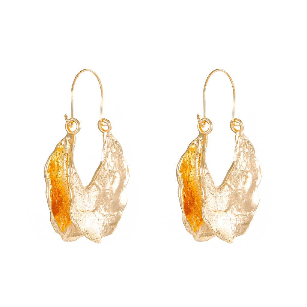 Gold Plated Twisted Leaf Hoop Earrings, Modern Abstract Sculptural Drop Hoops for Women