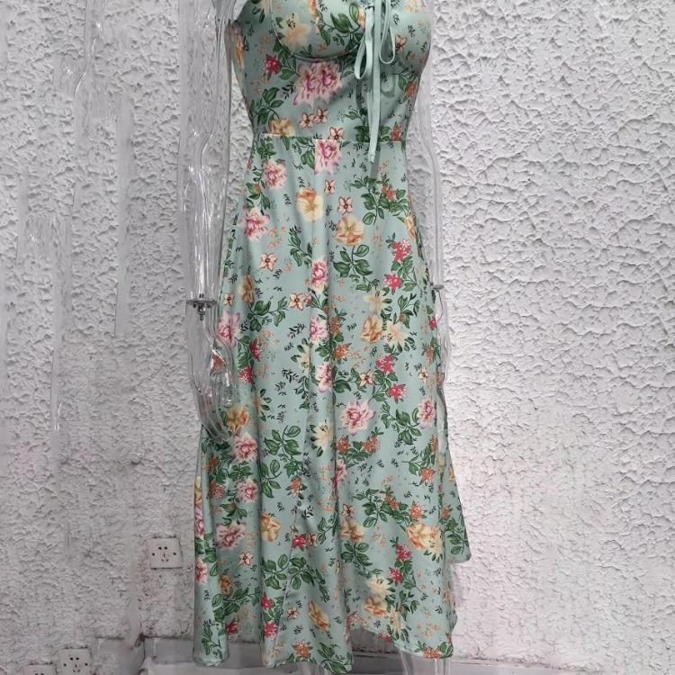 Women Fashion High Waist V Neck Backless Spaghetti Strap Print Ankle Length Trendy Design Dress