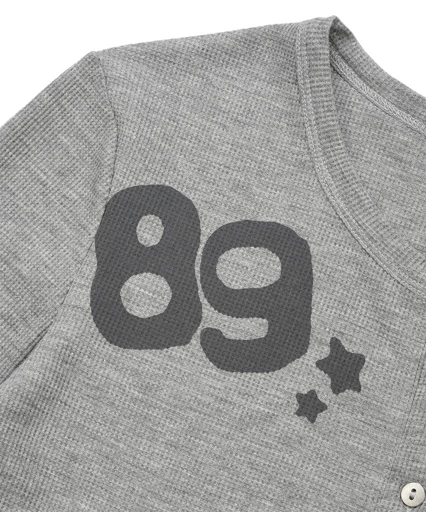 LMR Lettering Graphic Waffle Henley Neck Long Sleeve T-Shirt Grey