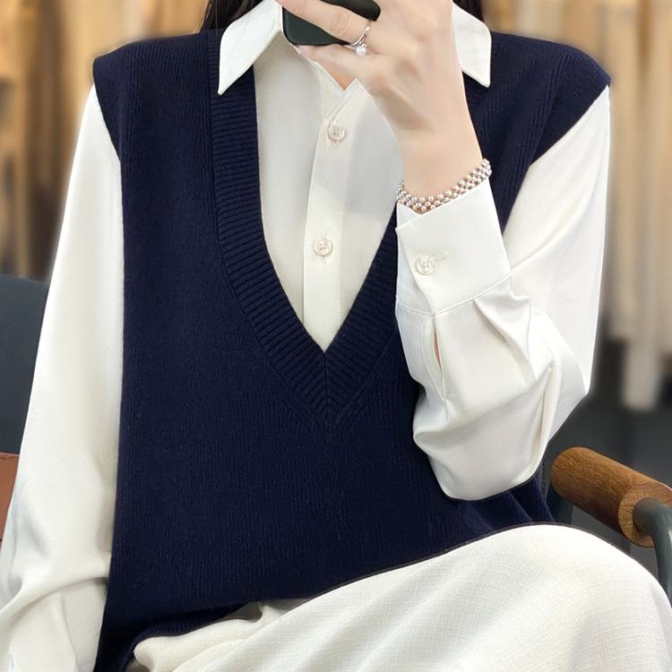 Vestă tricotată stivuită pentru femei Vestă tricotată lejeră Pulover fără mâneci Tank Top Camry Umăr Jachetă tricotată cu decolteu în V Toamnă/Iarnă