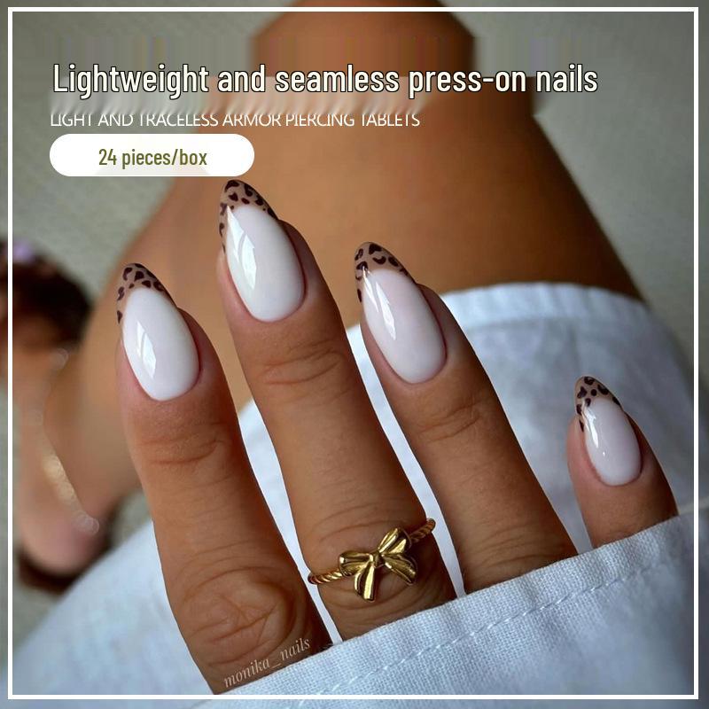 

Leopard Print Wearable Nails - French Manicure Finished False Nail Stickers Glue Style