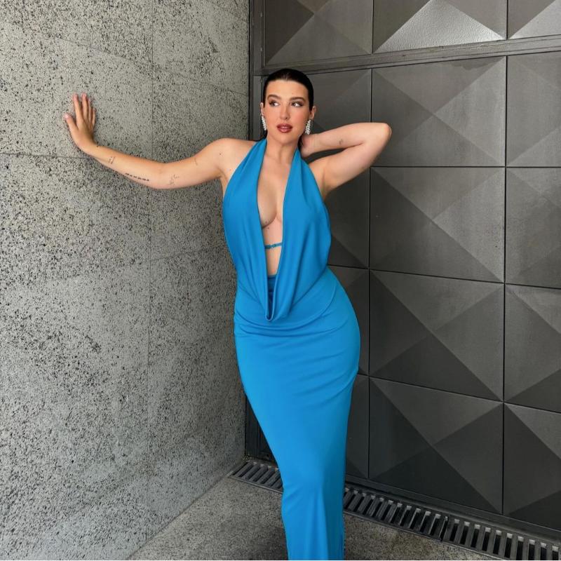 

Платье-халтер без рукавов, длинное, с открытой спиной и бедрами, летнее, вечернее, женское, халат M синий