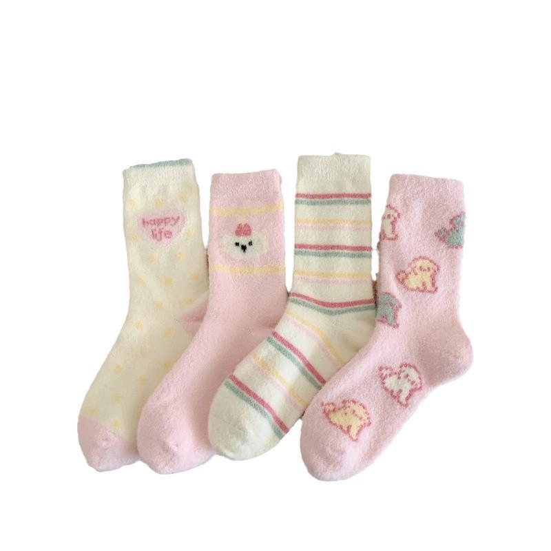 Pink Australian Velvet Socks Thickened Warm Medium Tube Socks Cartoon Striped Cute Plush Floor Socks Women